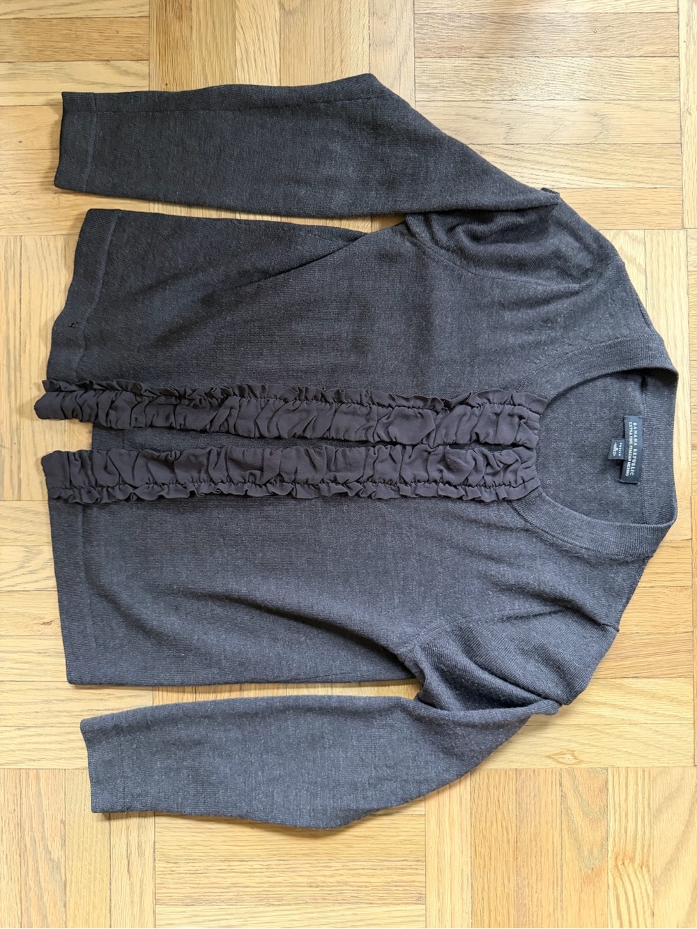 Banana republic Extra Fine Italian merino  charcoal grey Ruffle-Front Cardigan